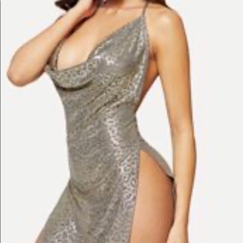 Cowl Neck High Slit Metallic Dress